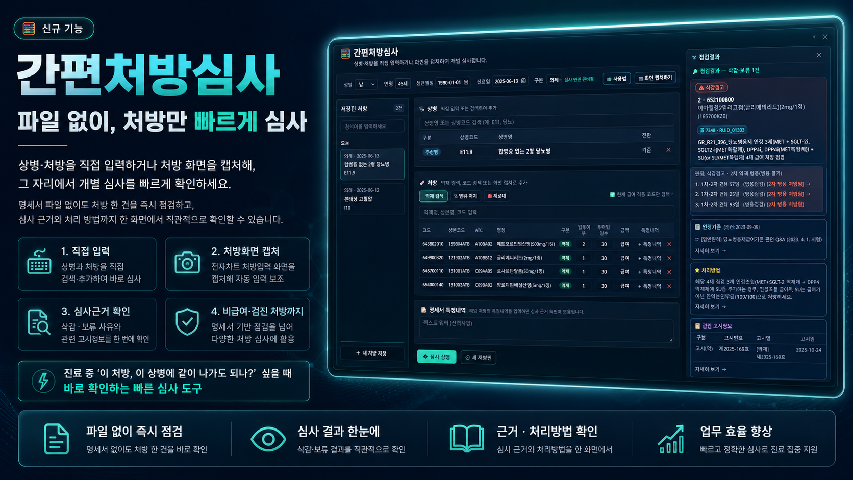 간편처방심사 입력 및 점검결과 화면